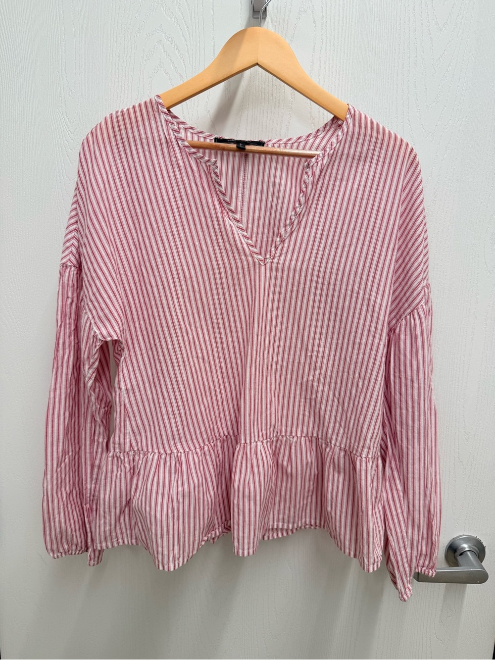 BCBGMAXAZRIA Striped Pink Peplum Long-Sleeve Top